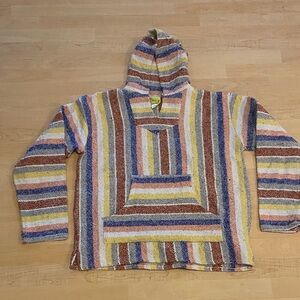Authentic Mexican Baja Hoodie Poncho Sweatshirt Striped Pullover Size L